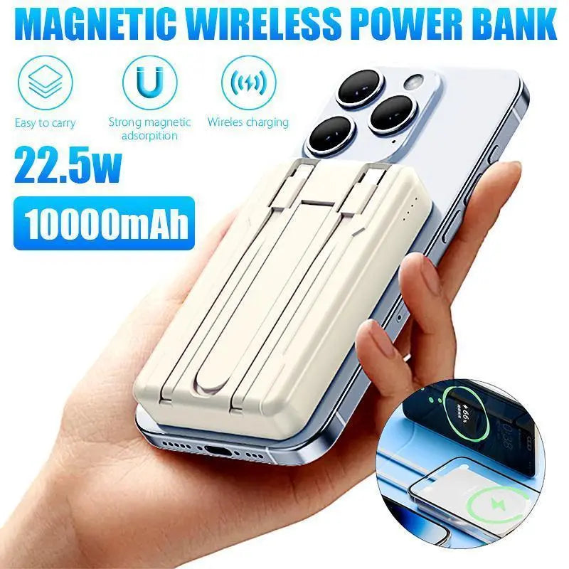 4-In-1 Bracket Magnetic Power Bank with Built-In Cable-Power Bank with Built-In Cable-Magnetic Power Bank 10000Mah with Phone Holder Wireless Portable Charger USB-C Cable Compatible Iphone 12 13 14 15 plus Pro Max Series