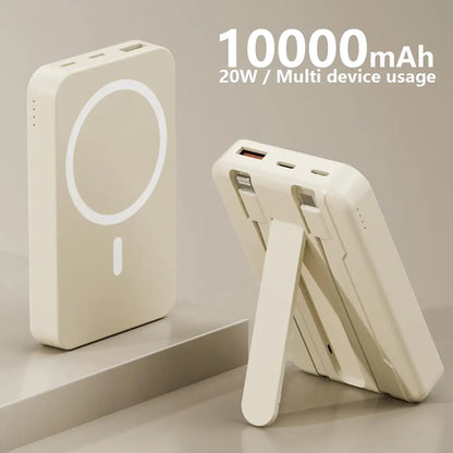 4-In-1 Bracket Magnetic Power Bank with Built-In Cable-Power Bank with Built-In Cable-Magnetic Power Bank 10000Mah with Phone Holder Wireless Portable Charger USB-C Cable Compatible Iphone 12 13 14 15 plus Pro Max Series