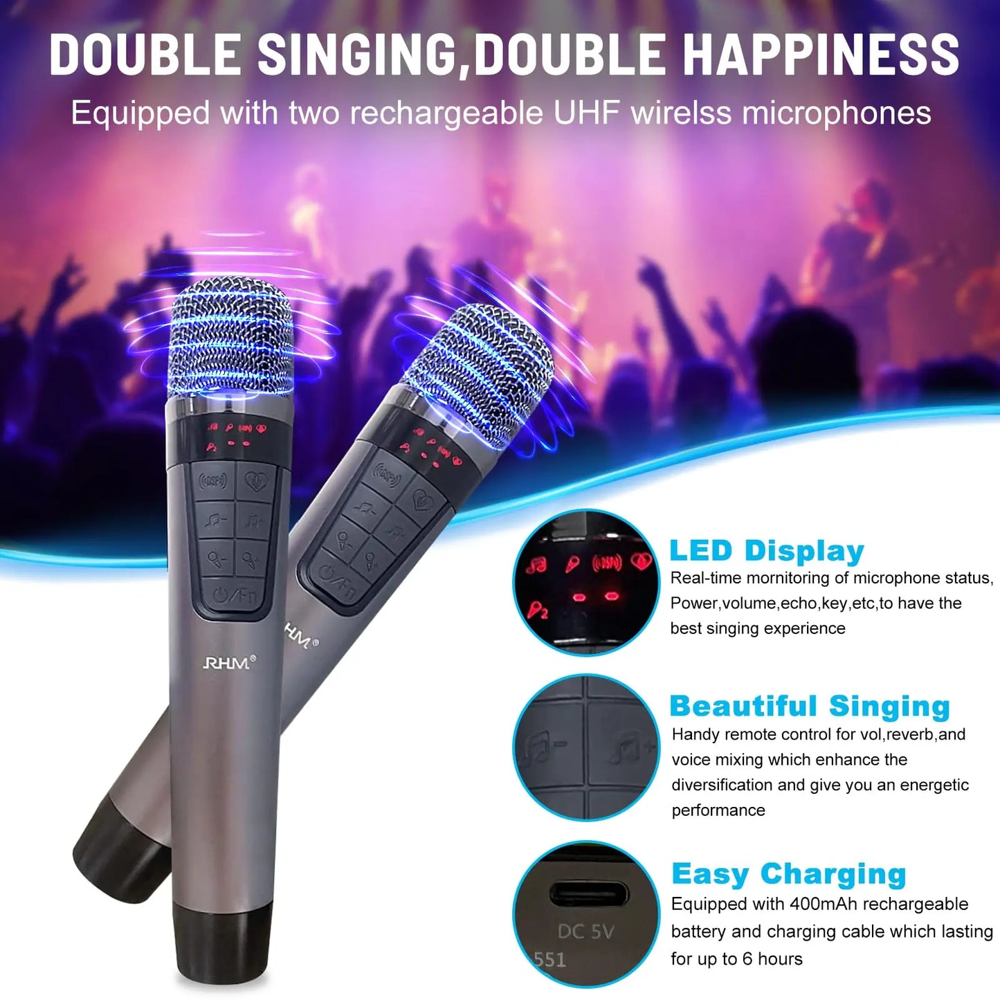 RHM K-222 Karaoke Machine with 2 UHF Wireless Microphones Stereo, Bluetooth Speaker Subwoofer Optical Fiber, Bluetooth, AUX, USB, PC, Suitable for Home Party, Meeting