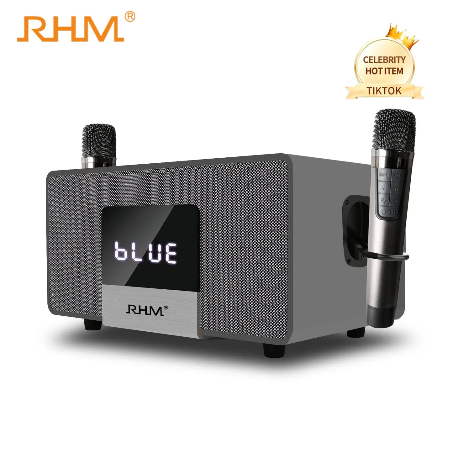 RHM K-222 Karaoke Machine with 2 UHF Wireless Microphones Stereo, Bluetooth Speaker Subwoofer Optical Fiber, Bluetooth, AUX, USB, PC, Suitable for Home Party, Meeting