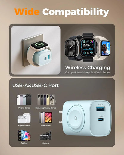 Charging Blocks for Apple Watch, 3-In-1 PD 20W USB C Charger Block with Built-In Wireless Watch Charging, Dual Ports Wall Charger Compatible with Iphone,Iwatch