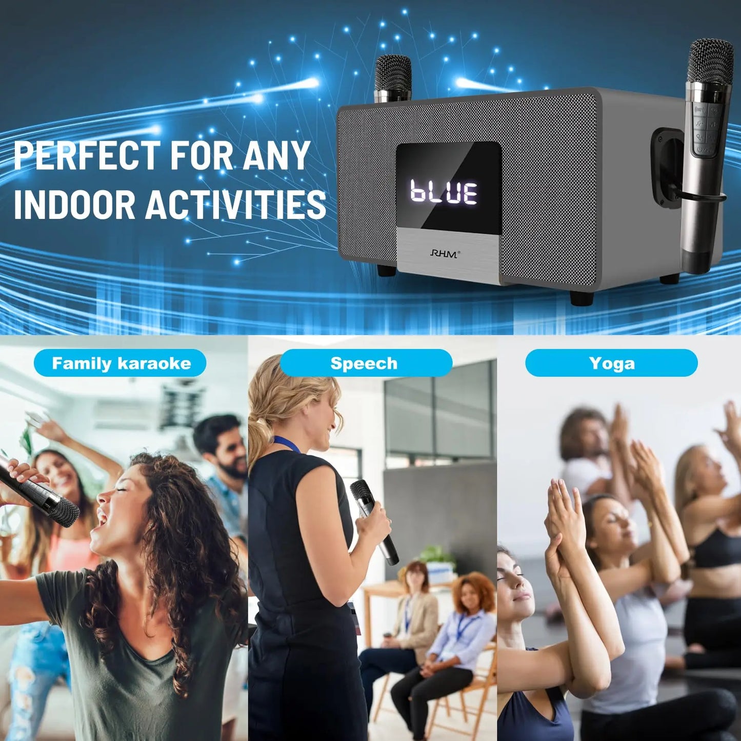 RHM K-222 Karaoke Machine with 2 UHF Wireless Microphones Stereo, Bluetooth Speaker Subwoofer Optical Fiber, Bluetooth, AUX, USB, PC, Suitable for Home Party, Meeting