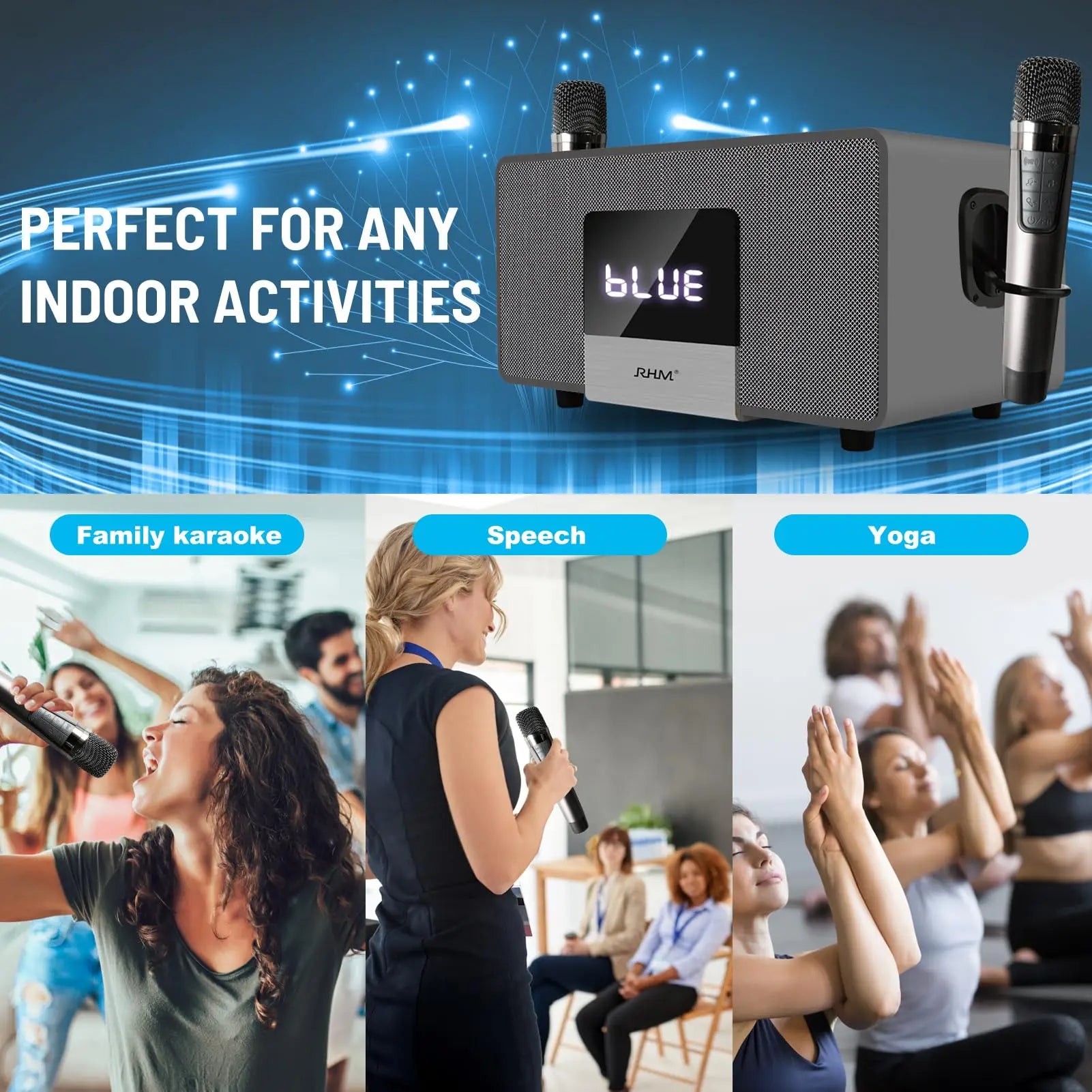 RHM K-222 Karaoke Machine with 2 UHF Wireless Microphones Stereo, Bluetooth Speaker Subwoofer Optical Fiber, Bluetooth, AUX, USB, PC, Suitable for Home Party, Meeting