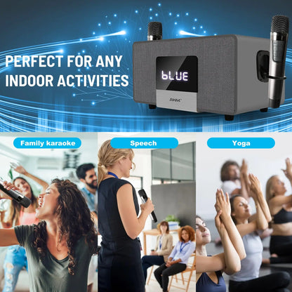 RHM K-222 Karaoke Machine with 2 UHF Wireless Microphones Stereo, Bluetooth Speaker Subwoofer Optical Fiber, Bluetooth, AUX, USB, PC, Suitable for Home Party, Meeting